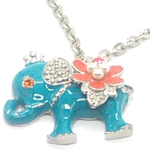 Metal Enameled Elephant Necklace Silver-tone Chain - Picture 2 of 4